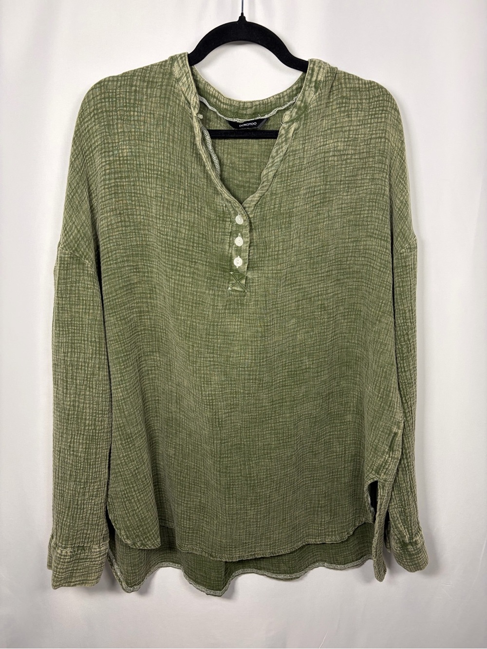 Dokotoo Olive Green Lightweight Cotton Long Sleeve Button-up Slouchy Blouse
